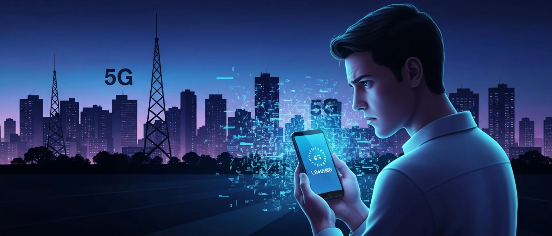 Pessoa cética olhando para smartphone com ícone de carregamento em meio a fragmentos de dados e uma paisagem urbana brasileira com torres 5G ao fundo.