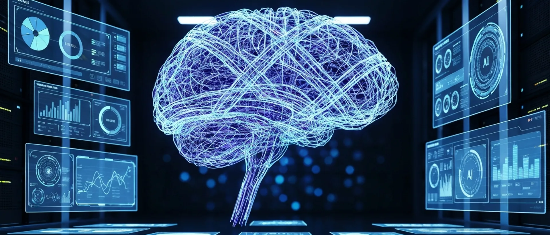 Cérebro digital futurista com linhas de dados brilhantes, flutuando sobre sala de servidores escura com telas holográficas de comparativos de IA.