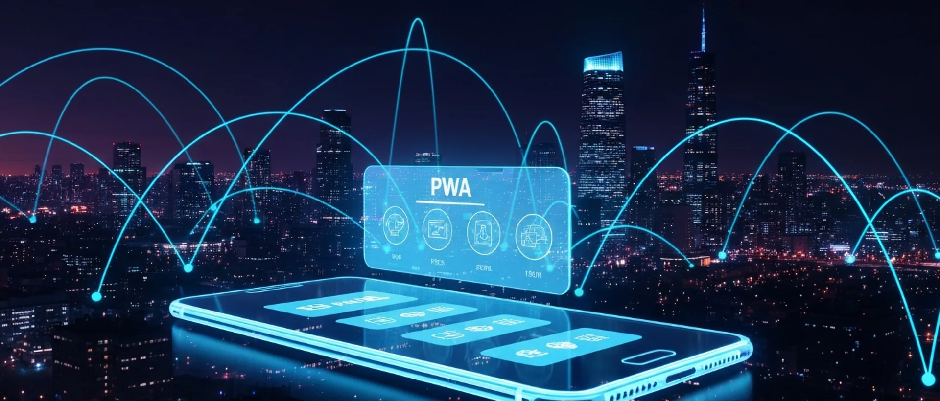 Futuristic city with glowing data lines and a transparent smartphone displaying a PWA interface.