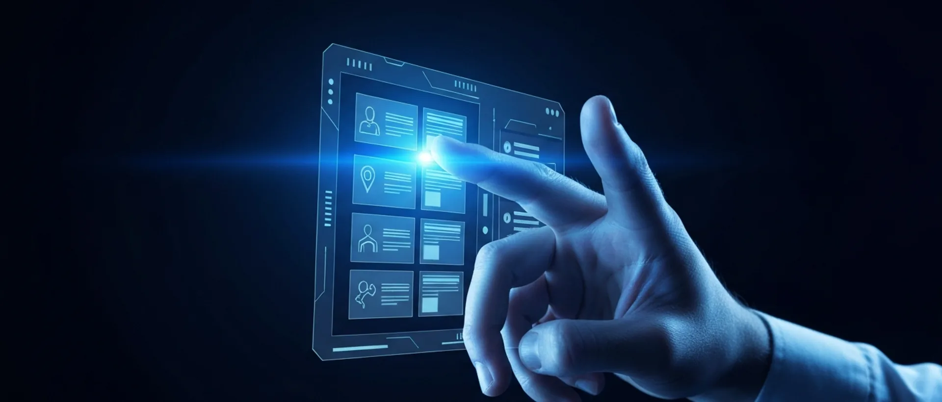 Mão humana interagindo com slides holográficos gerados por inteligência artificial em uma interface futurista