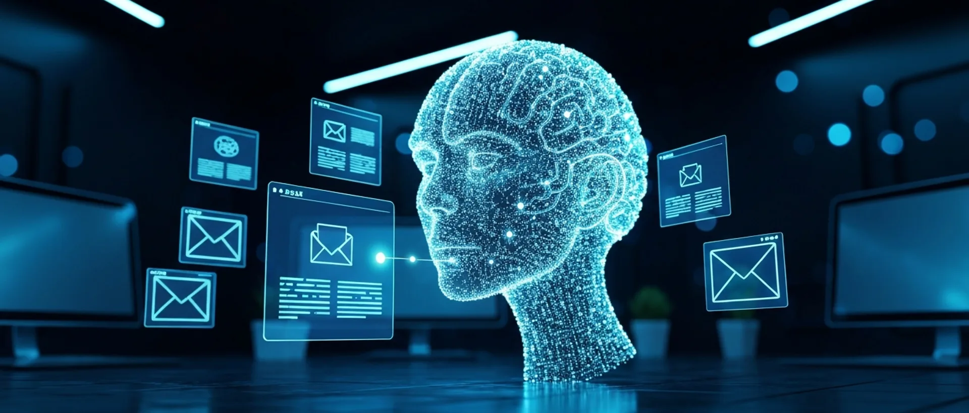 Cérebro digital futurista com fluxos de dados interage com interfaces holográficas de e-mail em um ambiente tecnológico escuro.