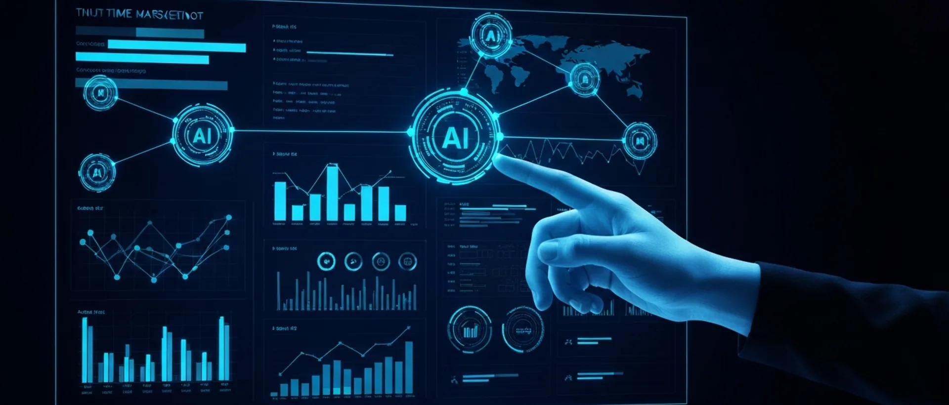 Painel de marketing futurista com análise de dados em tempo real e visualizações de redes neurais de IA.