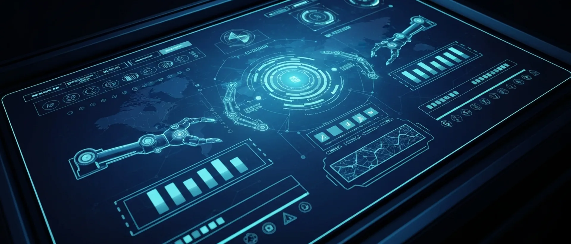 Dashboard futurista com nós de workflow interconectados e dados, com braços robóticos interagindo com elementos de interface.