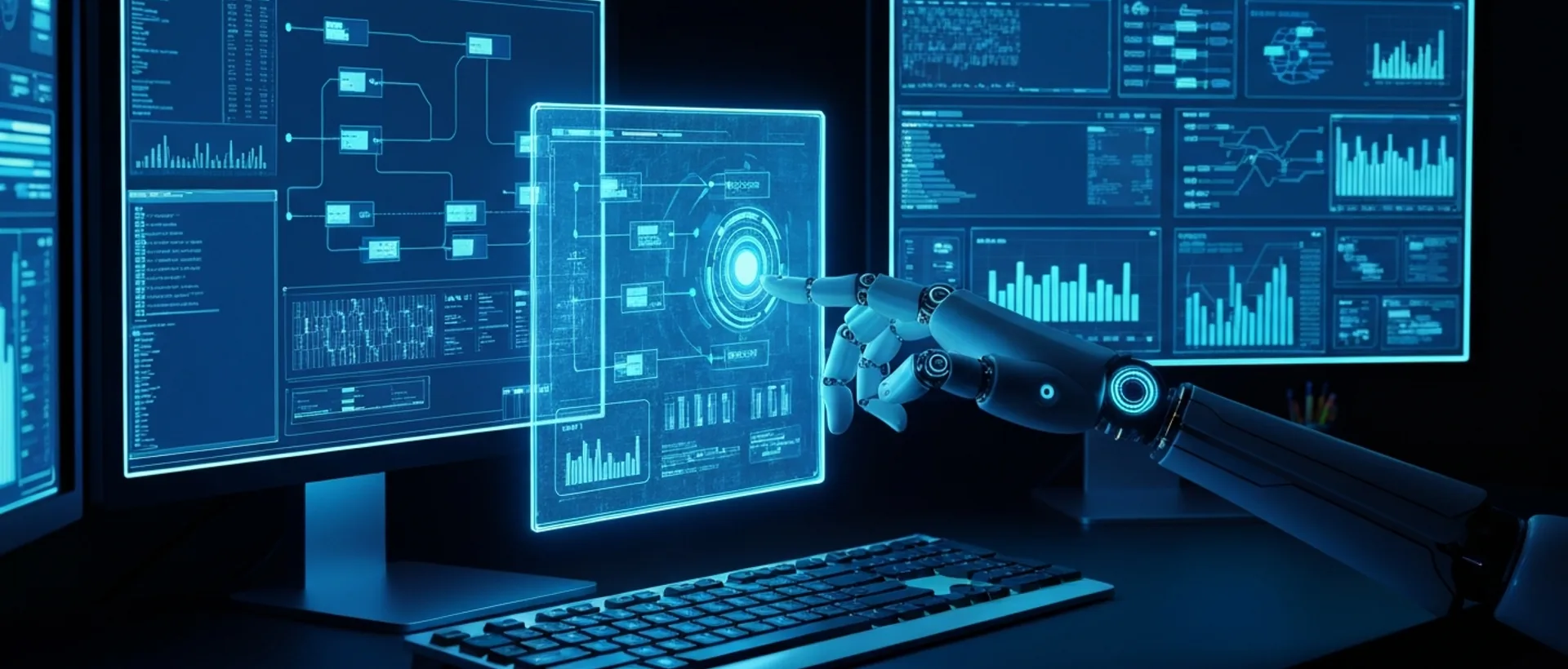 Mão robótica interagindo com interface holográfica de automação de processos em um setup de desktop futurista.