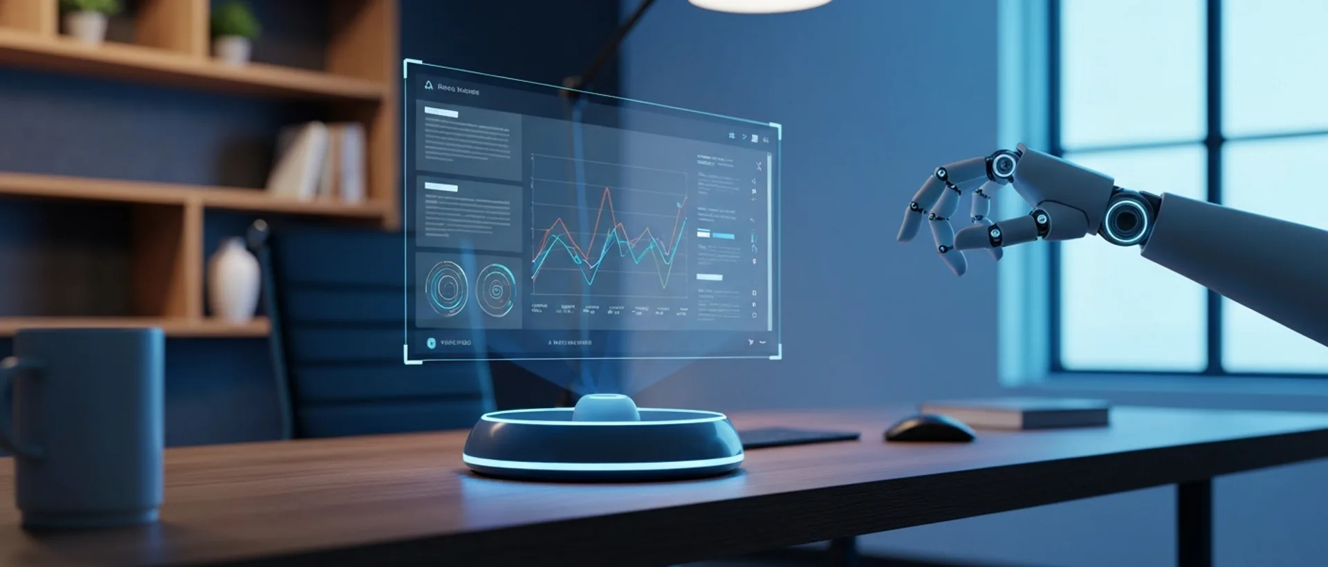 Interface de email holográfica futurista com personalização IA e mão robótica interagindo