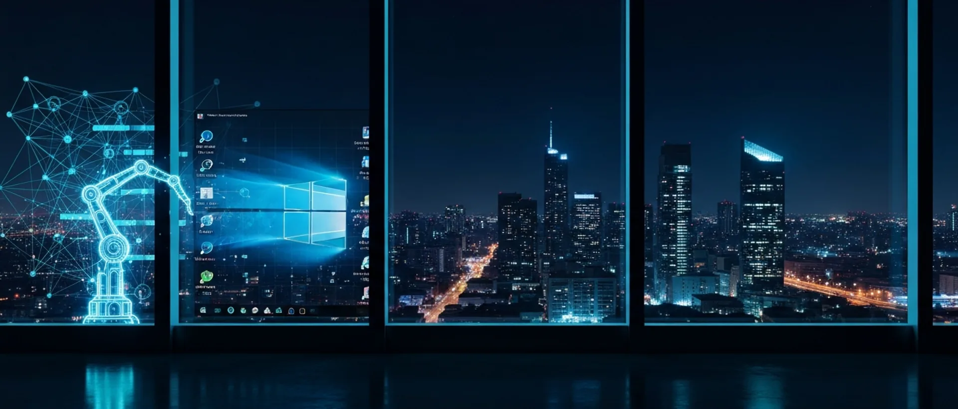 Rede de dados e braços robóticos digitais integrados a um desktop Windows, simbolizando automação em escala.