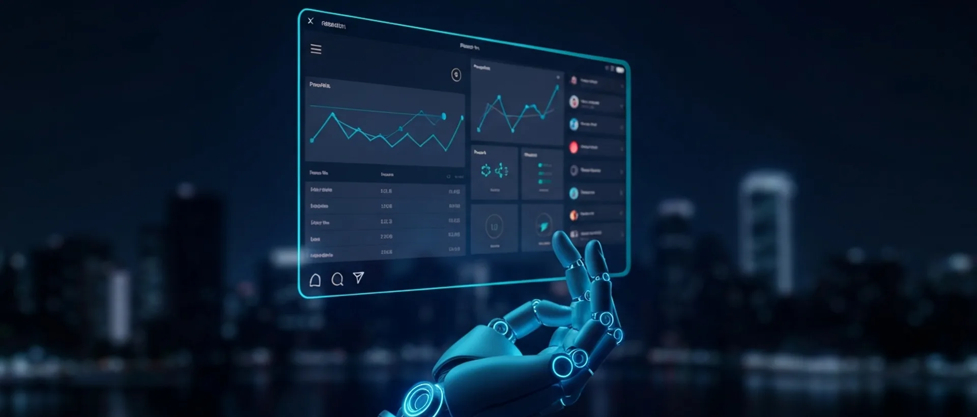 Mão futurista interagindo com interface holográfica do Instagram, iluminada por luzes índigo e ciano em um ambiente tecnológico.