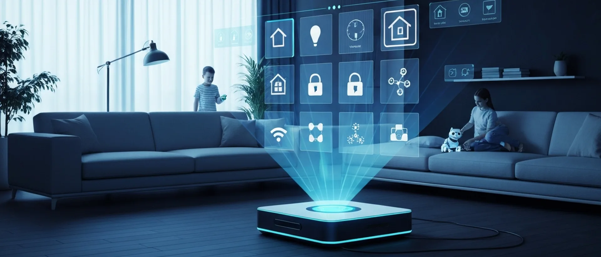 Sala de estar futurista com interface holográfica de casa inteligente em tons de índigo e ciano
