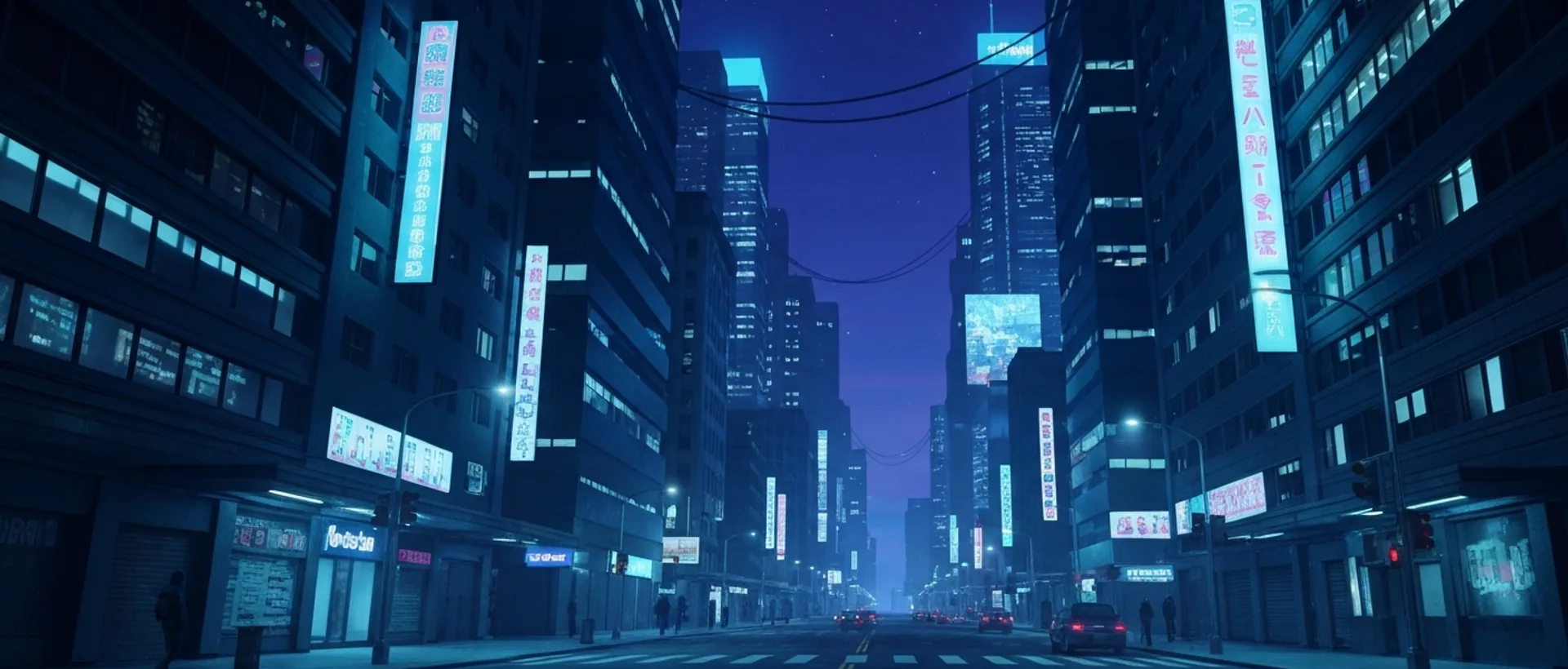 Monólito de IA gigante e brilhante com luzes índigo e ciano dominando uma paisagem urbana futurista noturna.