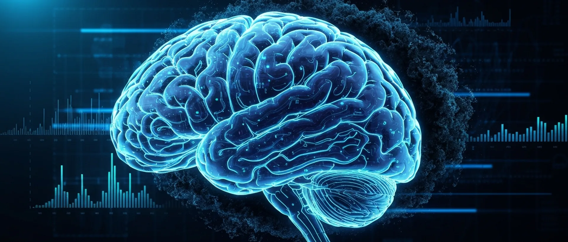 Mão robótica translúcida interagindo com uma rede neural complexa que brilha em tons de índigo e ciano.
