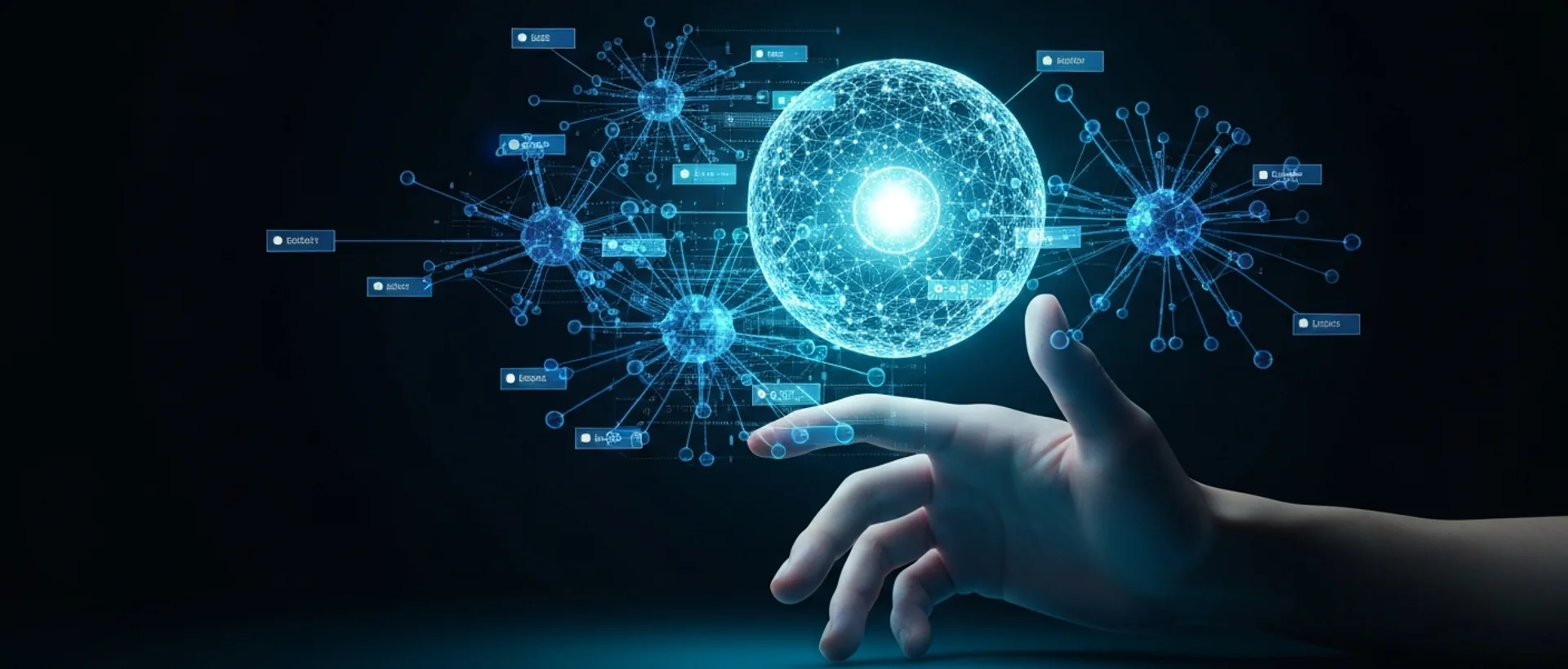 Mão humana interagindo com uma interface holográfica complexa, mostrando estruturas de redes neurais e um núcleo de IA brilhante.