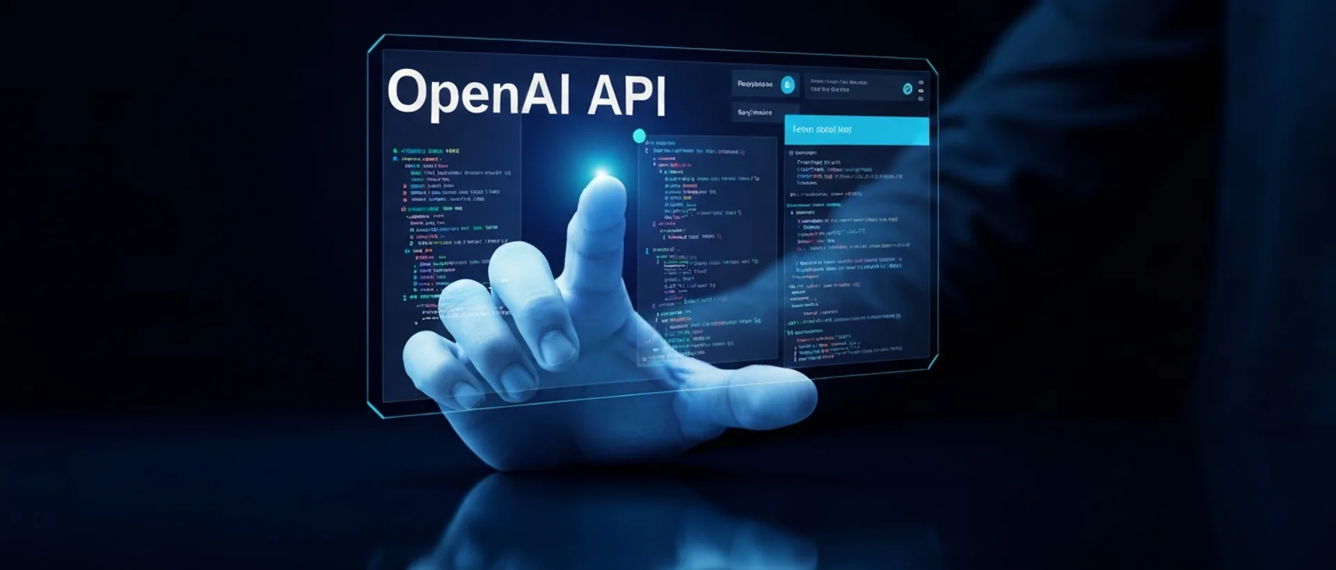 Mão futurista interagindo com interface holográfica exibindo código e fluxos de dados da API OpenAI.