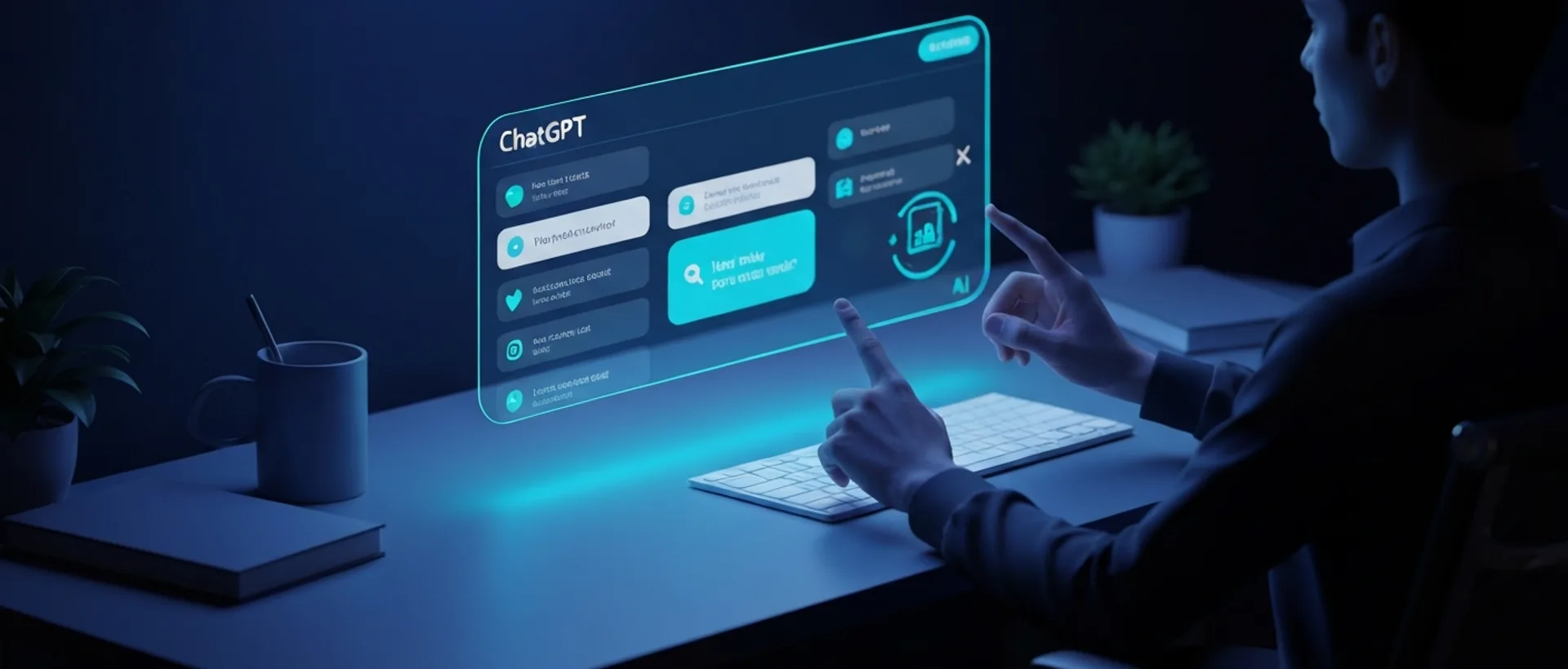 Usuário interagindo com interface holográfica do ChatGPT 2026 em um ambiente de trabalho futurista, com luzes neon.