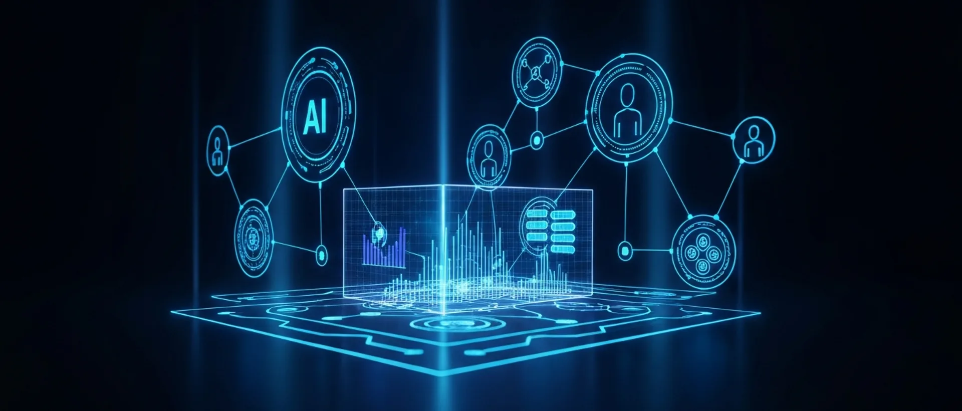Interface holográfica futurista mostrando conceitos de IA, blockchain e metaverso interconectados em tons de índigo e ciano.