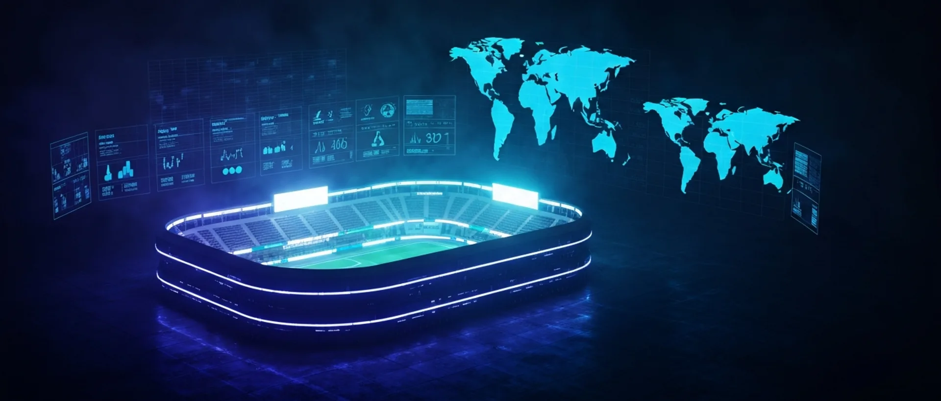 Estádio de futebol futurista iluminado com luzes índigo e ciano sob um céu estrelado, com projeções holográficas de estatísticas.