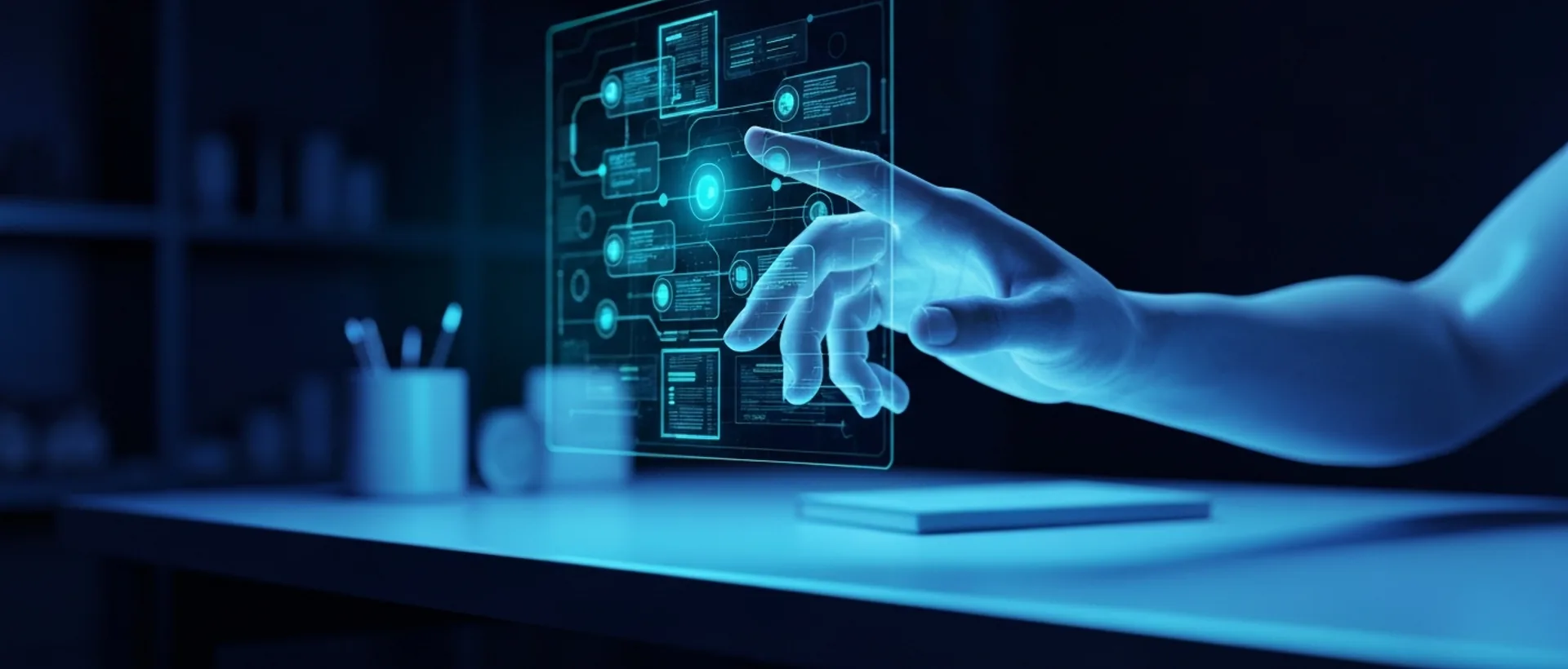 Mão humana futurista interagindo com uma complexa interface holográfica de um agente IA em um laboratório escuro.