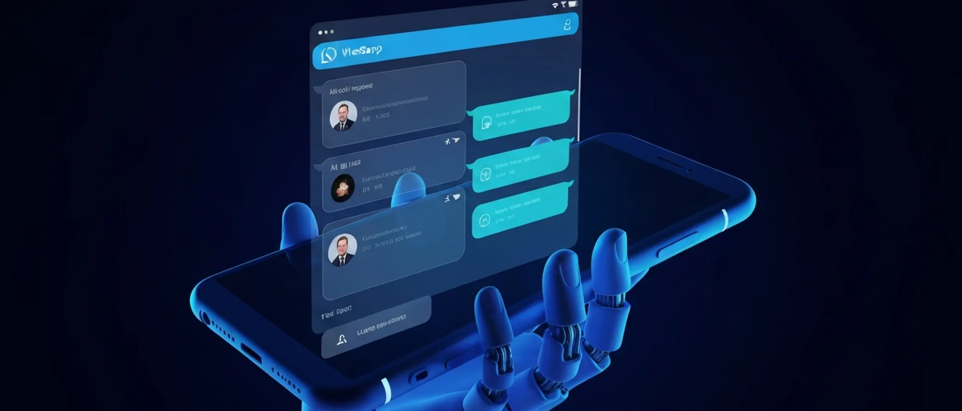 Mão futurista interagindo com interface holográfica do WhatsApp exibindo um chatbot de IA