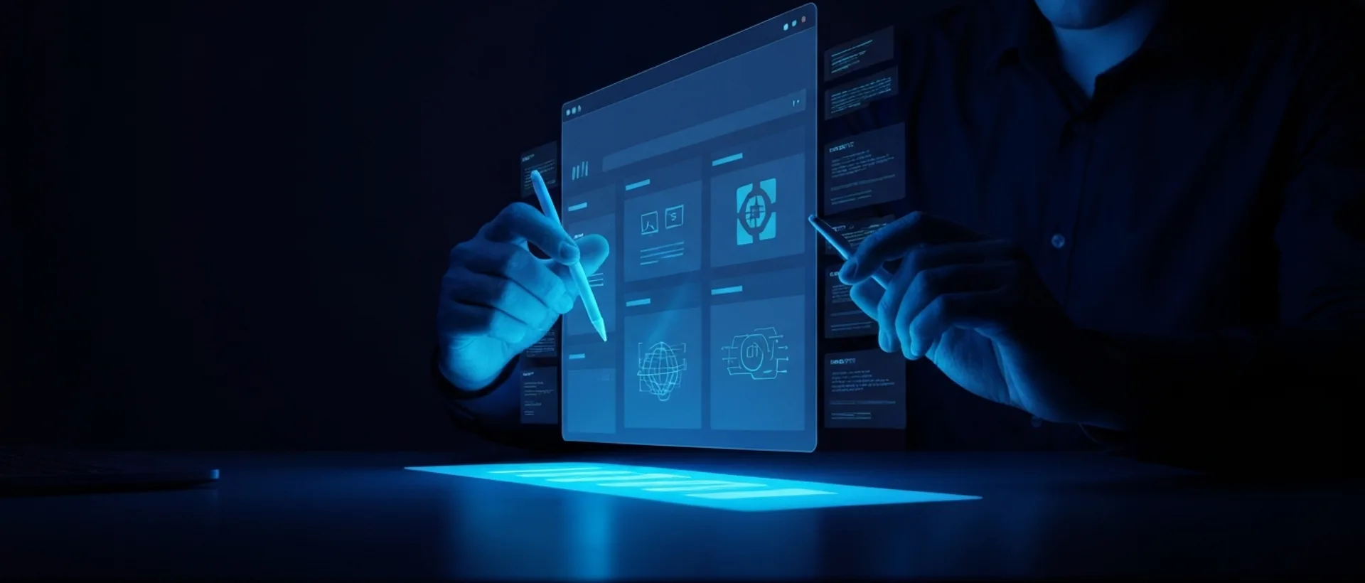 Mãos digitais futuristas criando um site holográfico com IA em uma mesa escura, iluminado por luzes índigo e ciano.