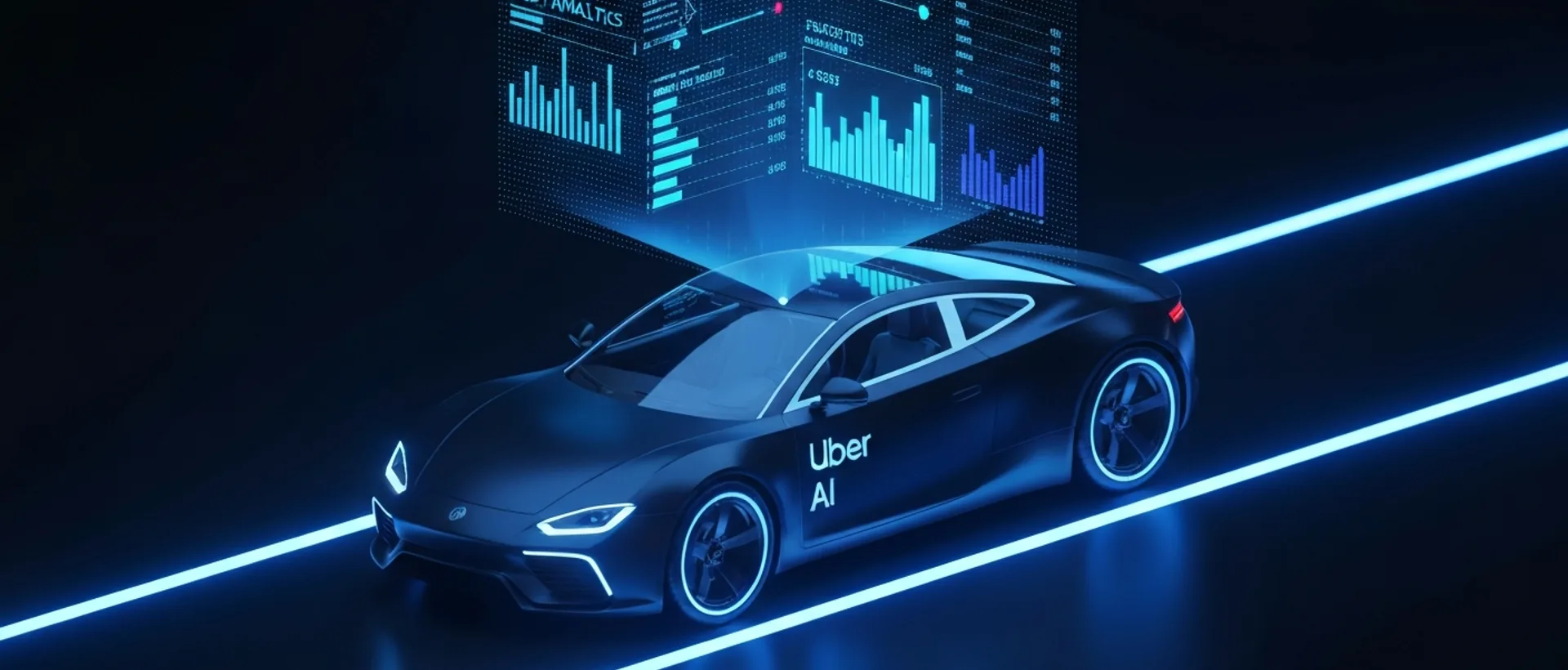 Veículo Uber futurista com projeção holográfica de dados e custos de IA em uma cidade noturna, iluminado por luzes neon índigo e ciano.