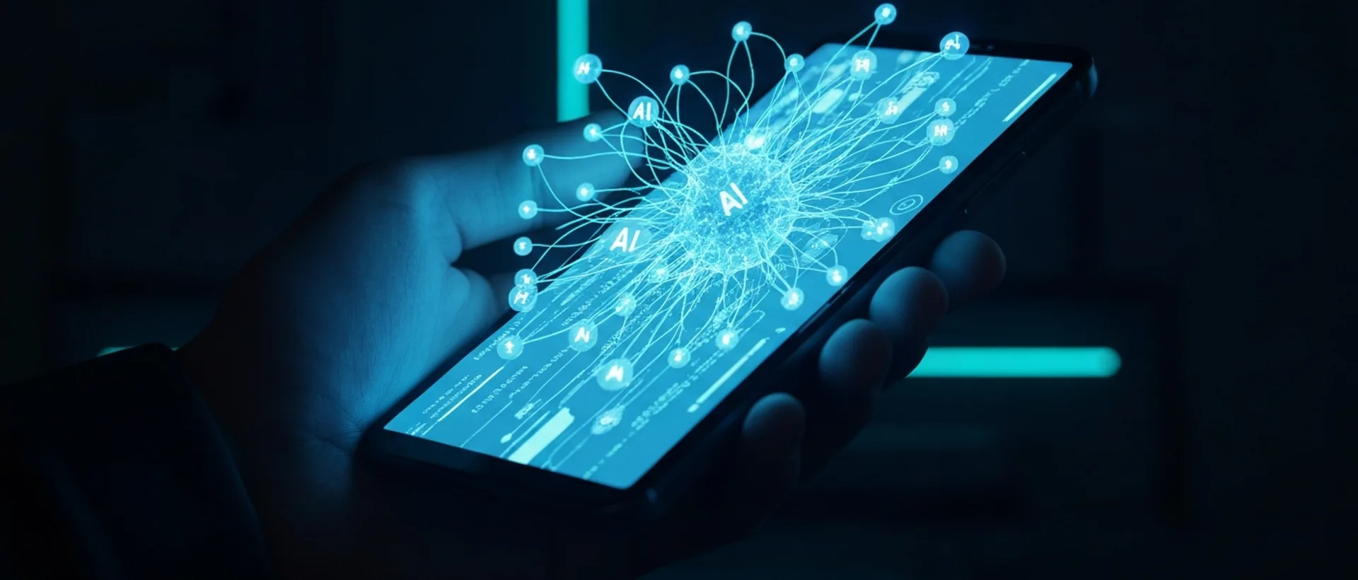 Smartphone futurista com linhas de IA brilhantes em indigo e ciano, simbolizando processamento local de dados.