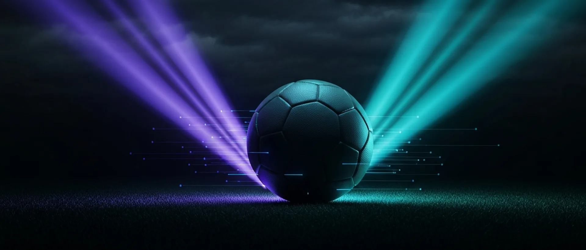 A digitally enhanced soccer ball with data flowing, on a dark field under cyan and indigo lighting.