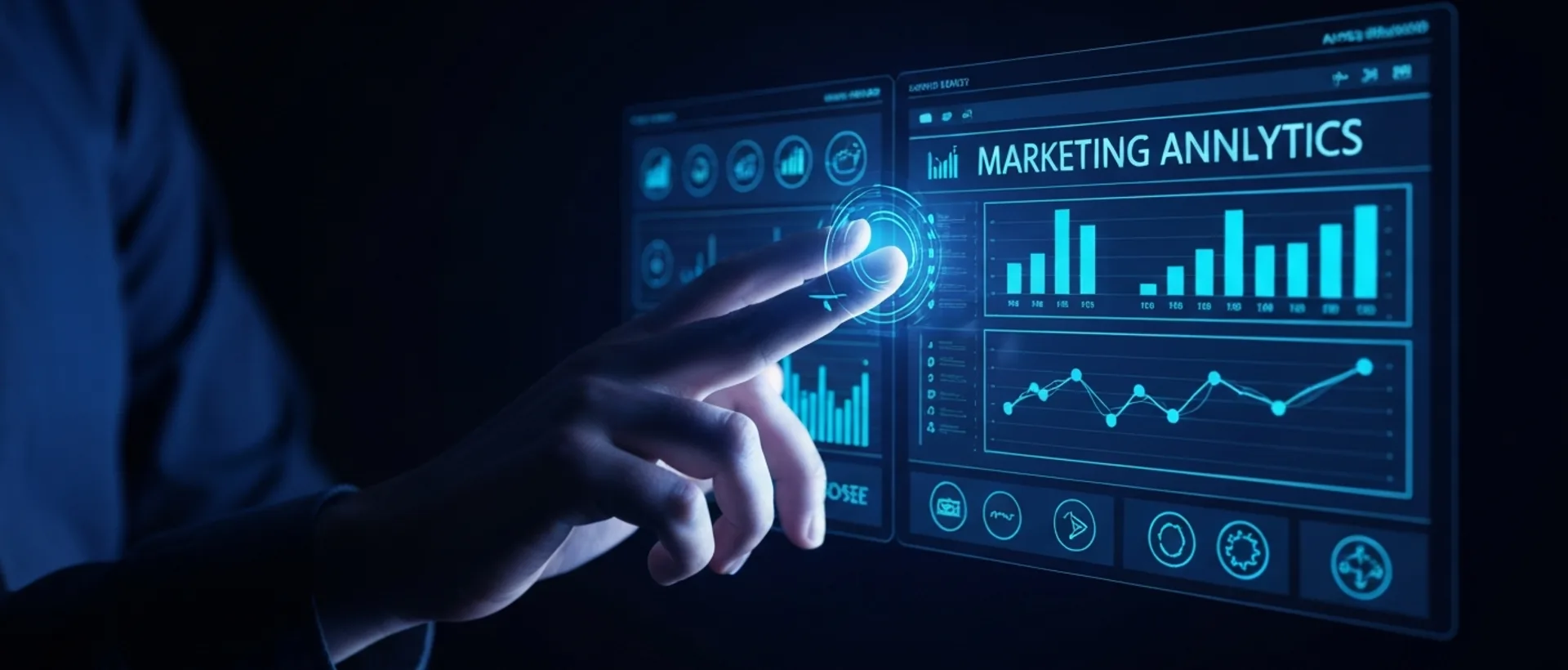 Painel futurista de automação de marketing com gráficos e dados, iluminado por luzes índigo e ciano.