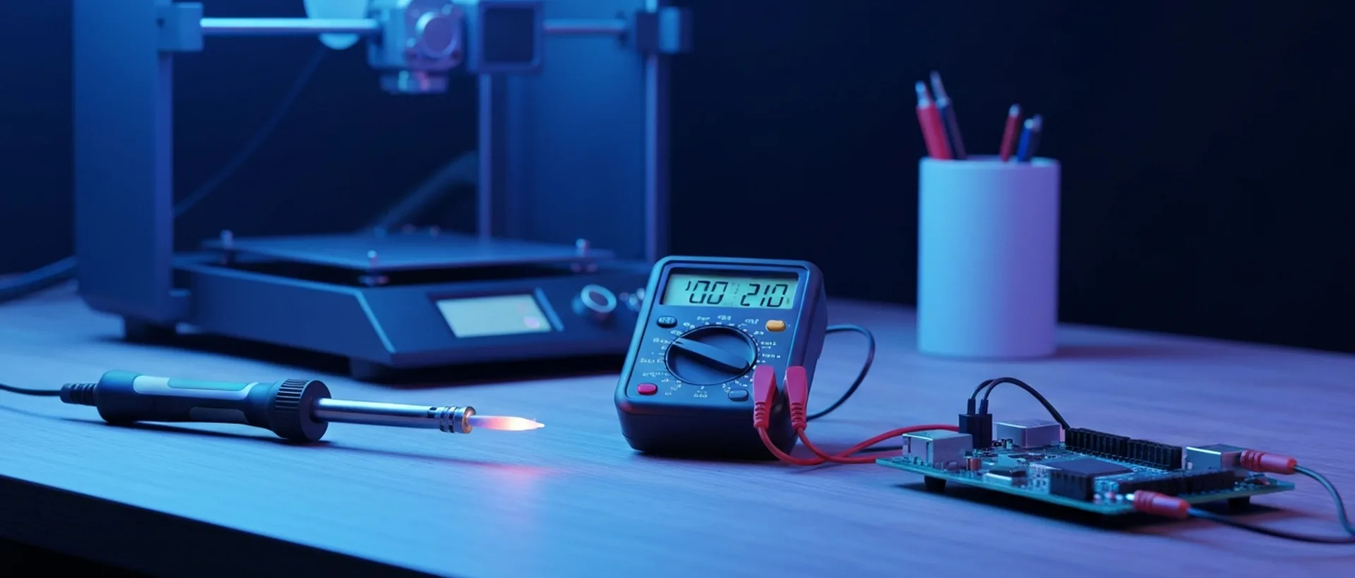 Bancada futurista com ferramentas DIY tech, incluindo impressora 3D, ferro de solda, multímetro e Raspberry Pi, iluminada por luzes neon índigo e ciano.