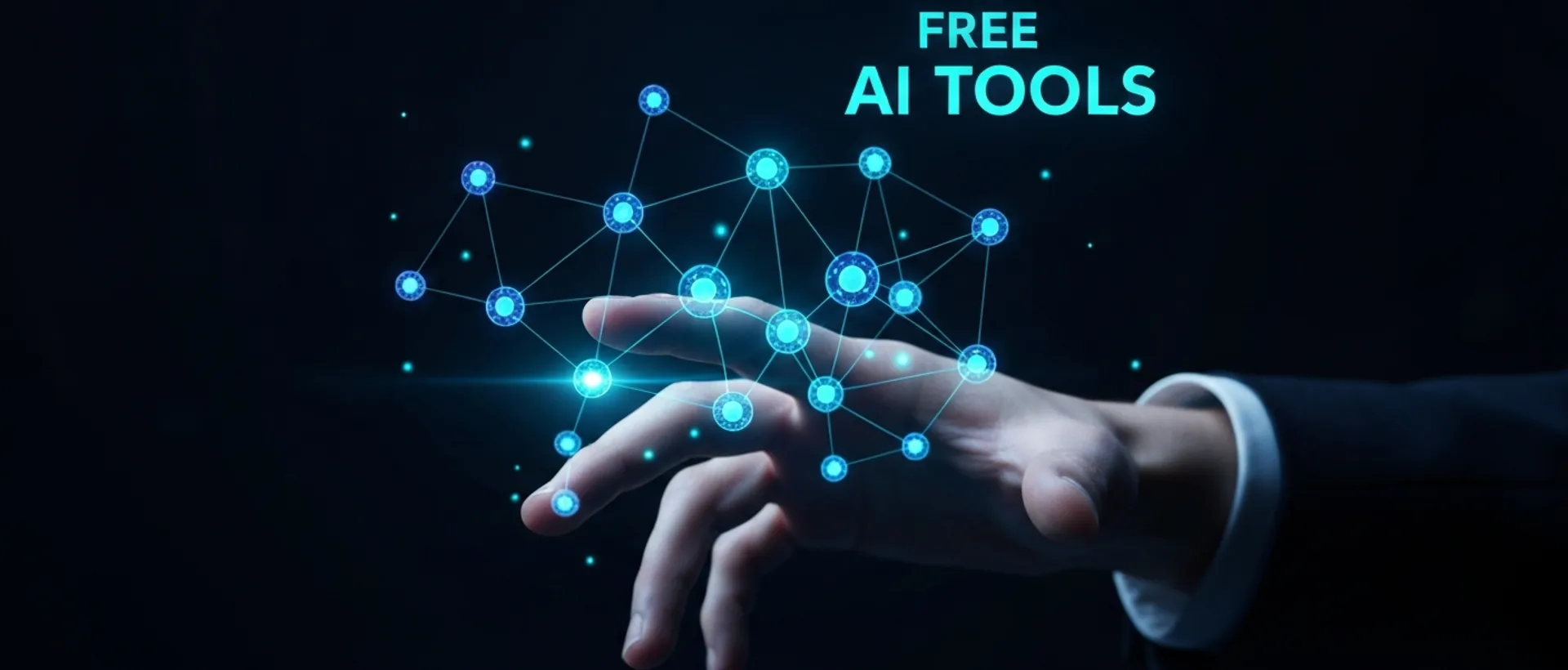 Mão futurista conectando-se a uma rede de nós digitais brilhantes em tons de índigo e ciano