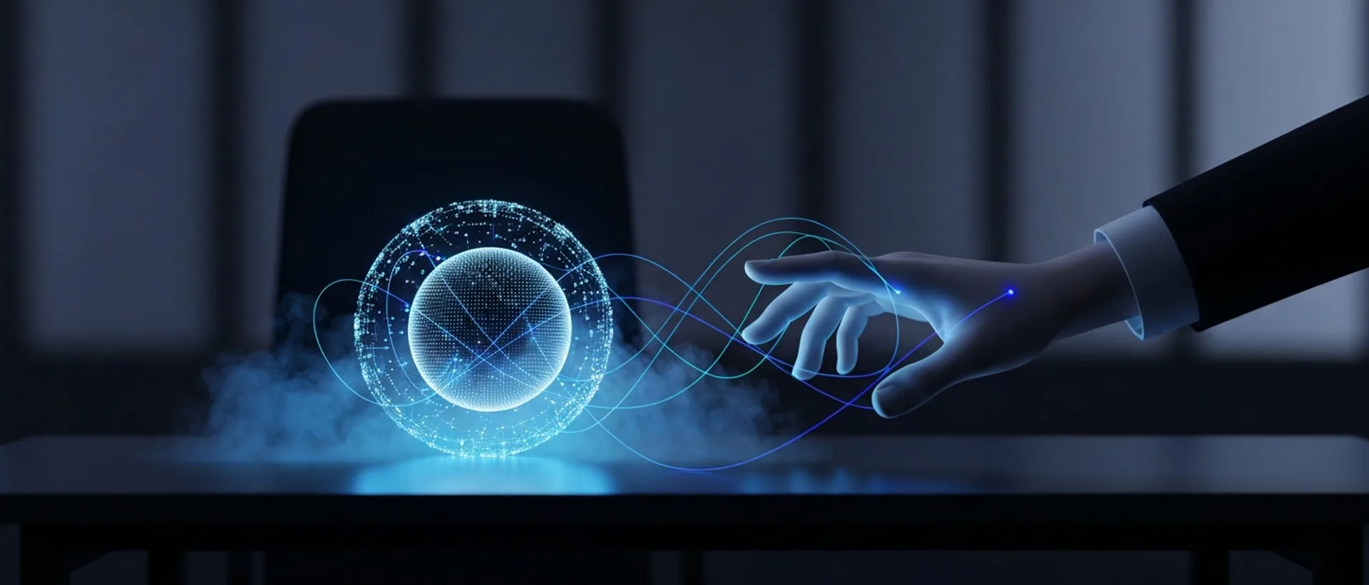 Esfera de dados luminosa e misteriosa em uma mesa escura, com uma mão estendida e linhas de luz neon em indigo e ciano.