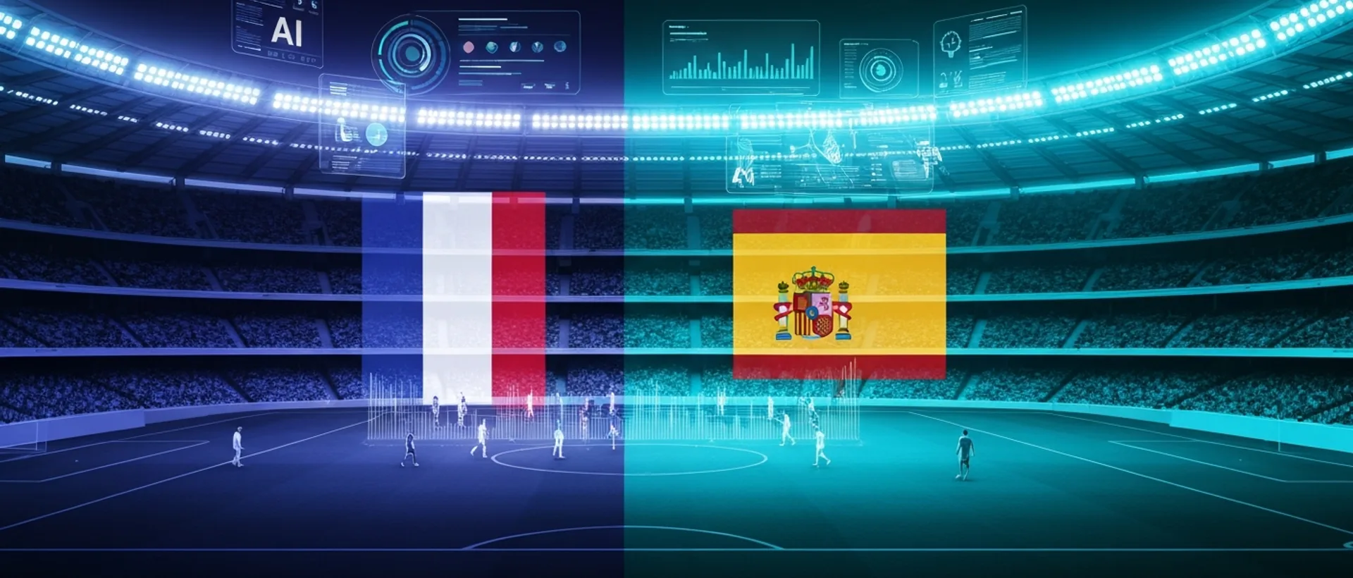 Futuristic soccer field divided with indigo and cyan lights, showing holographic data and AI interfaces
