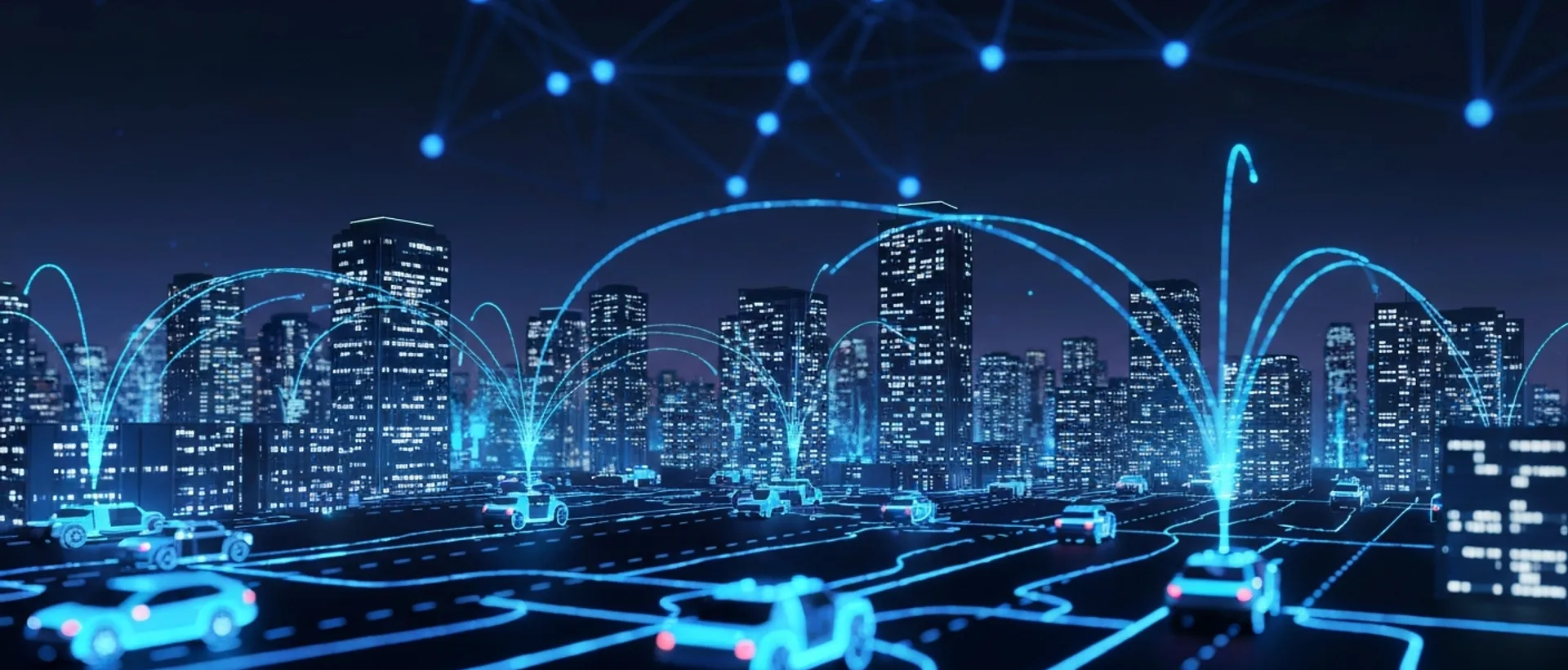 Cidade futurista iluminada por redes de dados azuis e roxos, simbolizando o futuro da IA e suas conexões globais.
