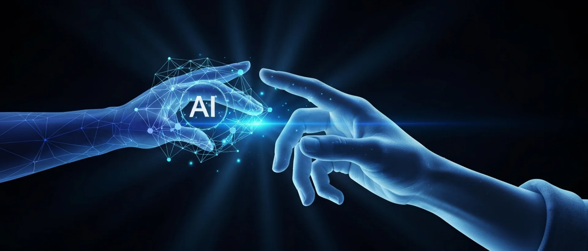 Mão humana e entidade de IA abstrata colaborando em um cenário futurista com luzes índigo e ciano