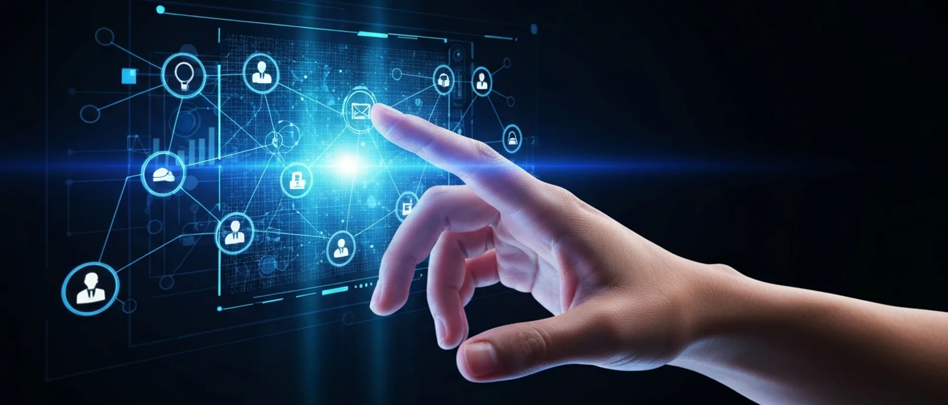 Mão humana interagindo com interface holográfica complexa, simbolizando o trabalho com IA em 2026.