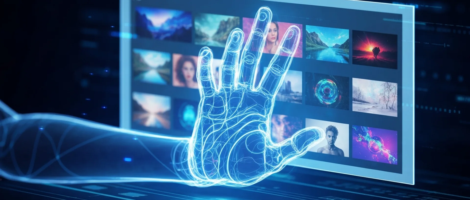 Mão futurista de artista digital interagindo com tela holográfica exibindo imagens geradas por IA em tons de índigo e ciano.