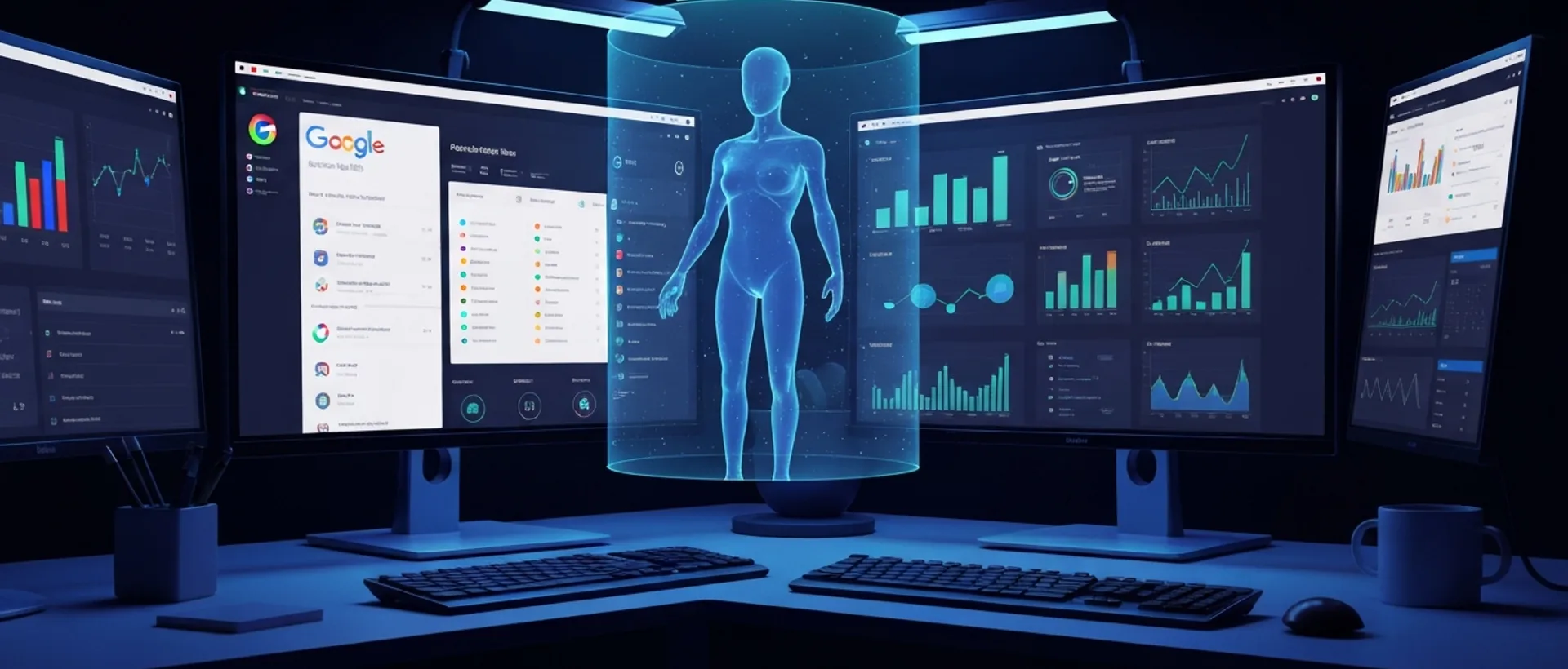 Futuristic content creator's desk with screens displaying Google results and an AI assistant hologram.