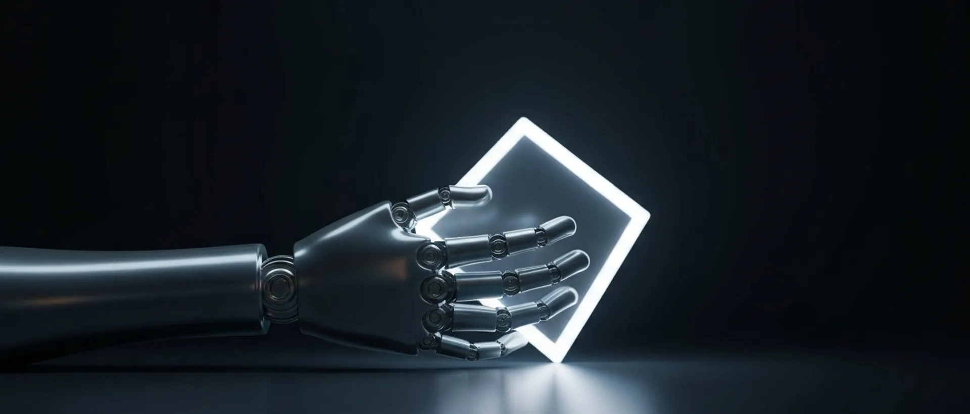 Mão robótica cética tocando uma forma geométrica brilhante que se desintegra em pó digital.