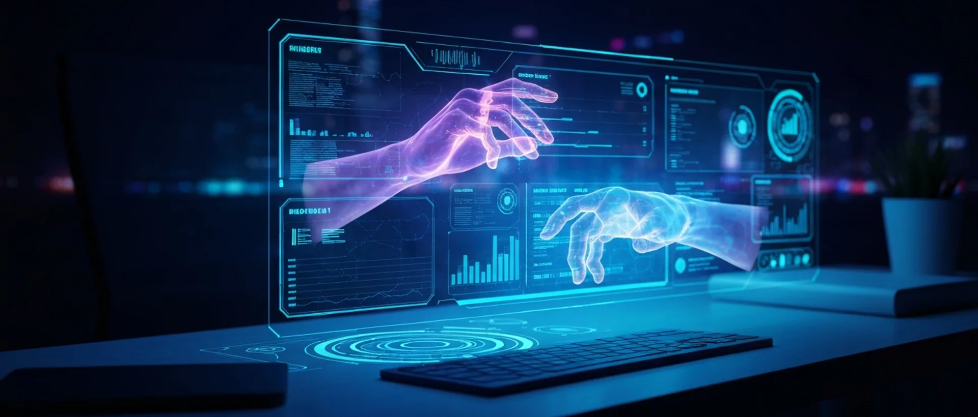 Mãos humanas e robóticas interagem com interface holográfica de dados no ambiente de trabalho futurista