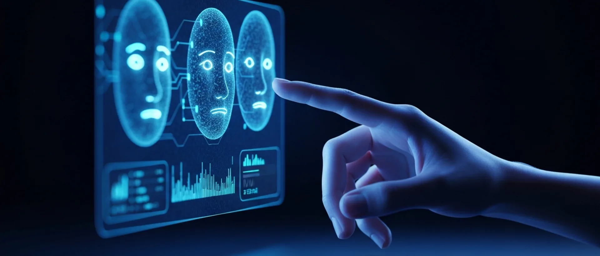 Mão humana interagindo suavemente com uma interface de IA luminosa que exibe expressões emocionais sutis