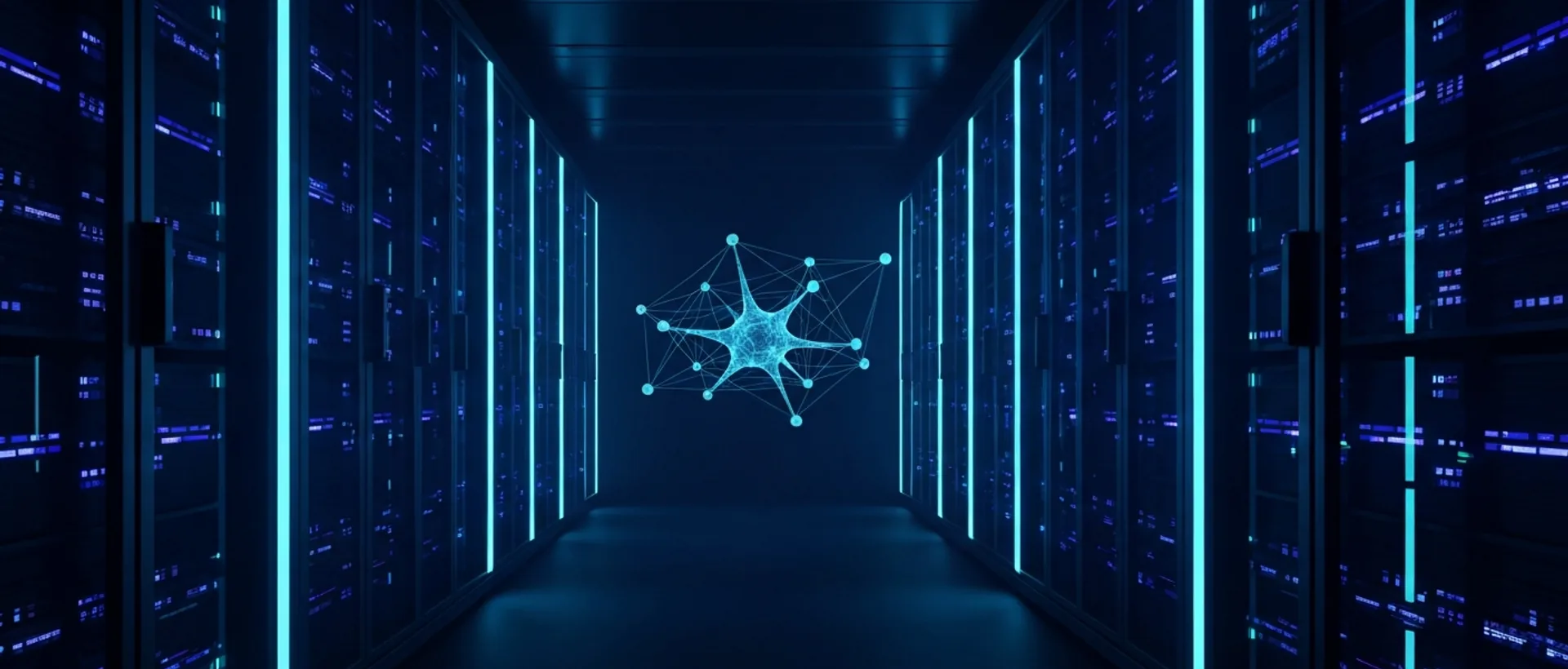 Futuristic data center corridor with server racks lit in indigo and cyan tones, with an abstract AI neural network overlay.
