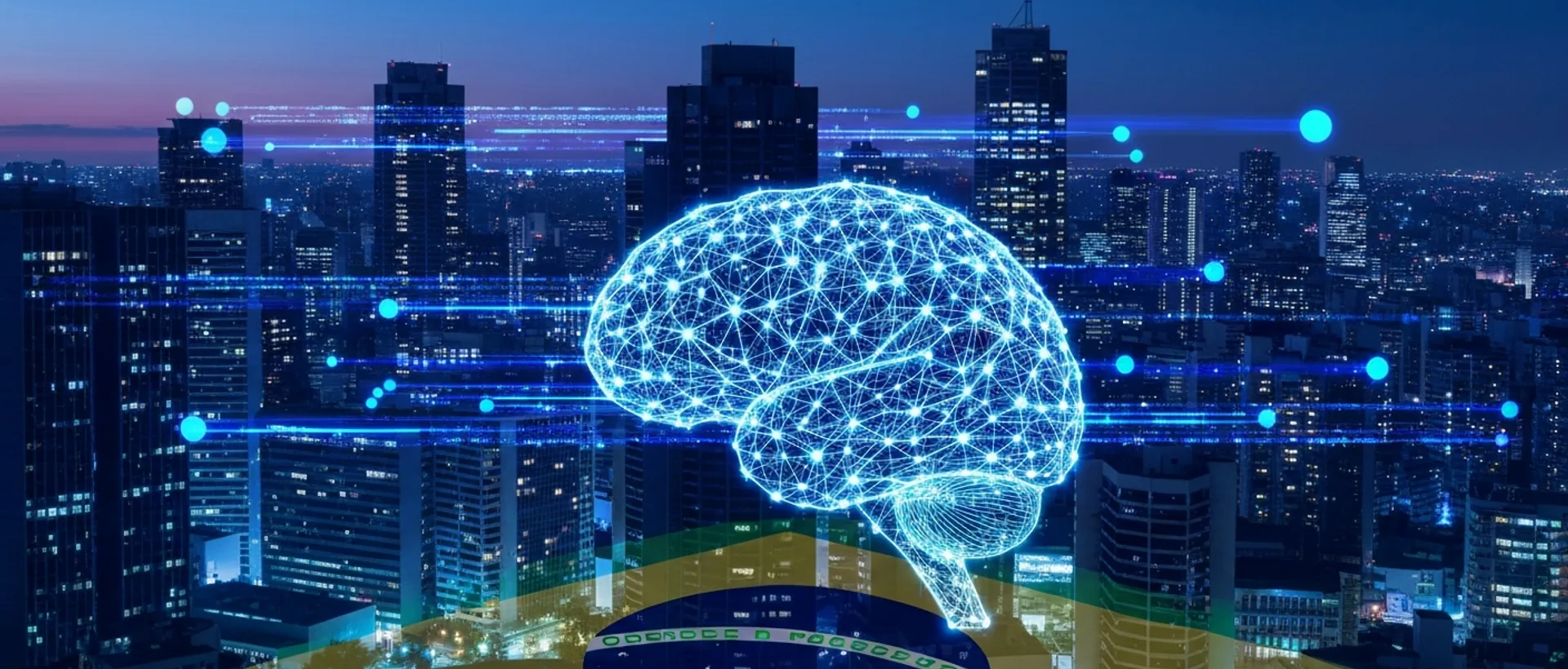 Representação visual da interseção entre inteligência artificial, fluxos de dados e a regulamentação brasileira, com elementos futuristas e cores vibrantes.