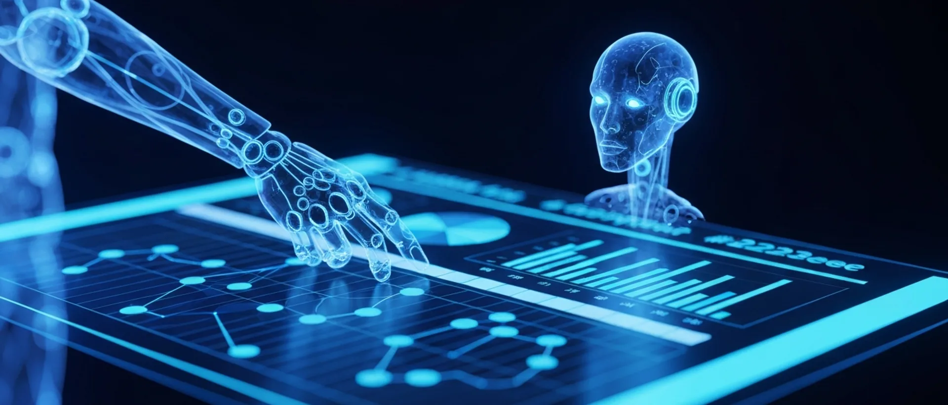 Entidade de IA etérea interagindo com uma planilha digital futurista do Excel com dados brilhantes em tons de índigo e ciano