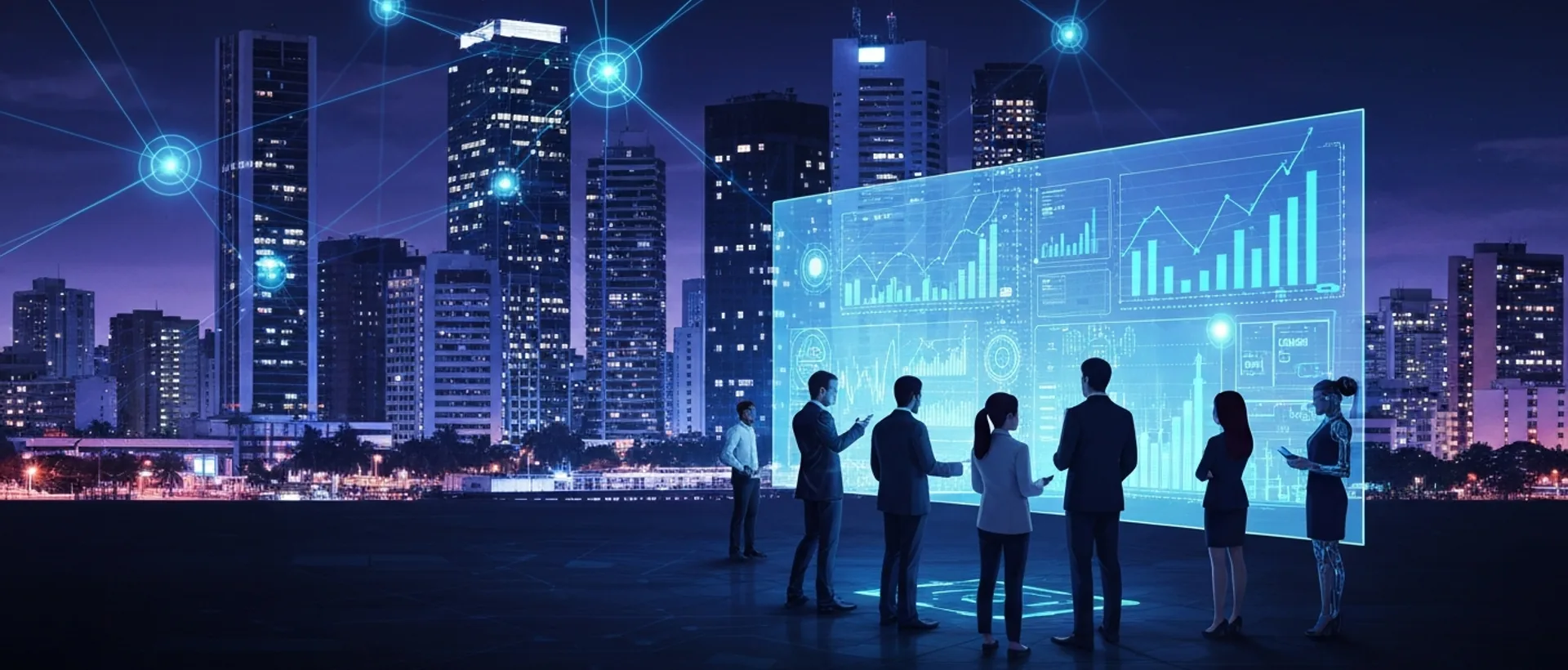 Profissionais brasileiros futuristas interagindo com projeção holográfica em cidade digital, simbolizando o futuro do trabalho com IA no Brasil em 2026.