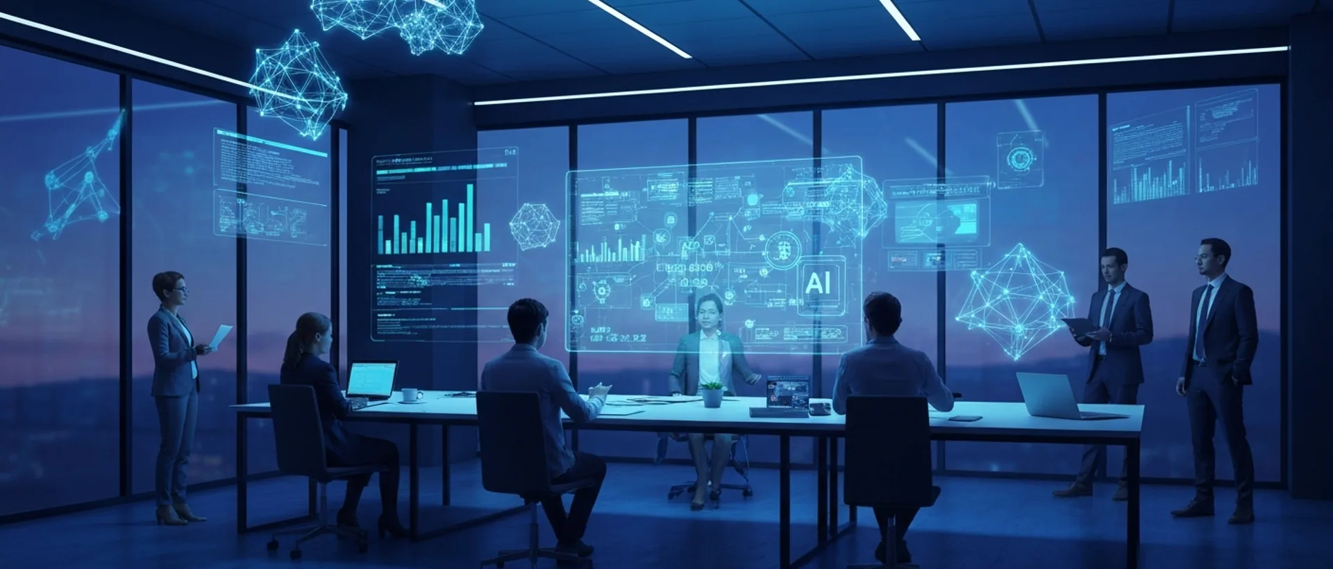Equipe de negócios interagindo com projeções holográficas de modelos de IA generativa em um escritório futurista com iluminação ciano e índigo.