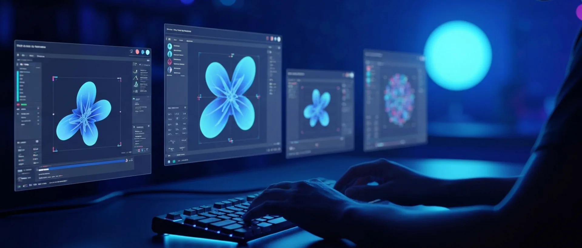 Mãos digitando em teclado luminoso, com telas holográficas mostrando interfaces de geração de arte por IA