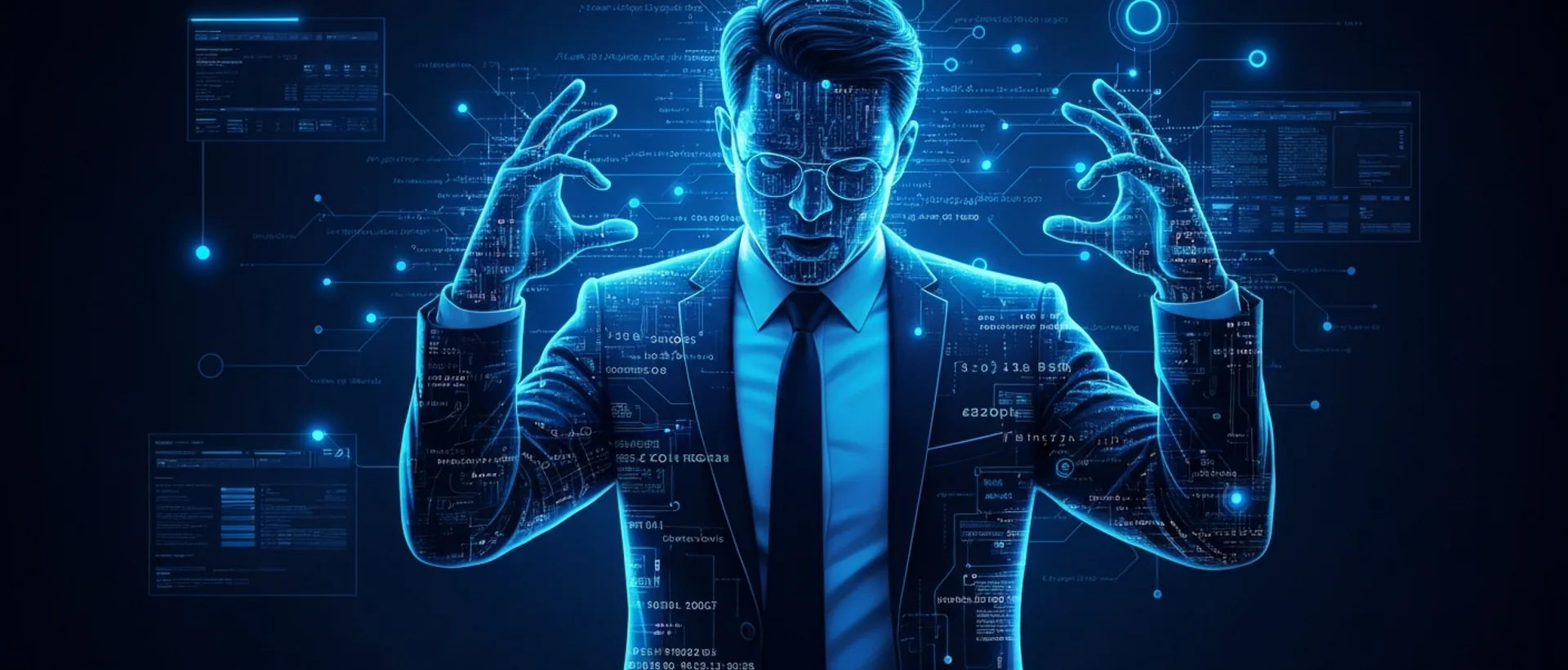 Trader humano em segundo plano sendo ofuscado por uma entidade de IA dominante feita de linhas de código brilhantes em índigo e ciano