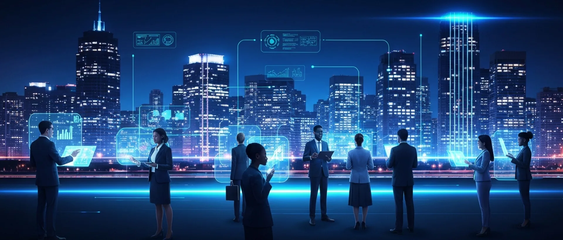 Profissionais diversos interagindo com interfaces holográficas em uma cidade futurista, representando a IA no mercado de trabalho 2026.
