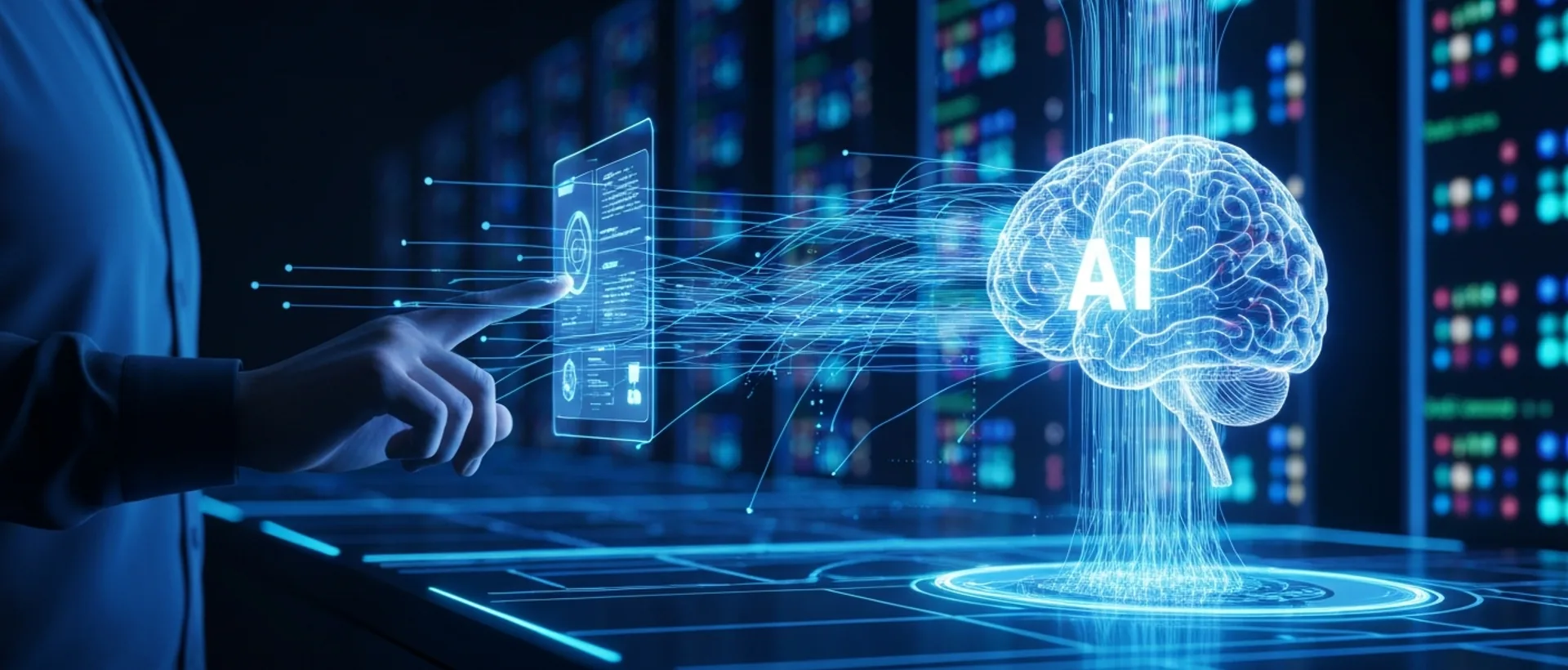 Ambiente de desenvolvimento de software futurista com IA holográfica central e linhas de código brilhantes.