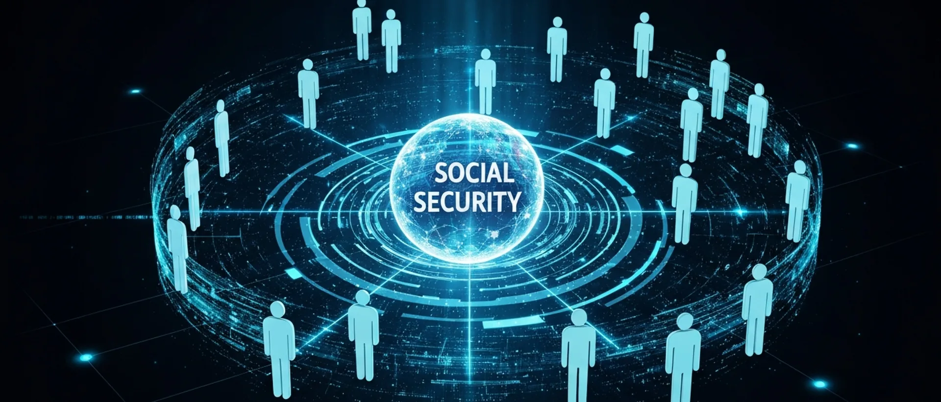 Representação visual de inteligência artificial protegendo e otimizando a segurança social com fluxos de dados e figuras humanas interconectadas.