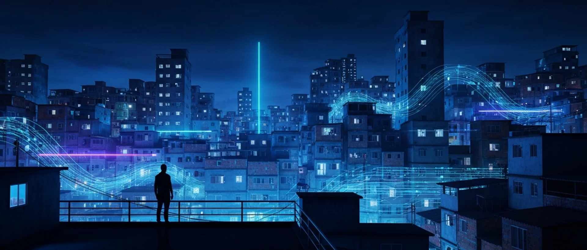 Panorama de uma favela brasileira futurista ao anoitecer, com dados digitais e luzes neon, refletindo o futuro da IA no Brasil.