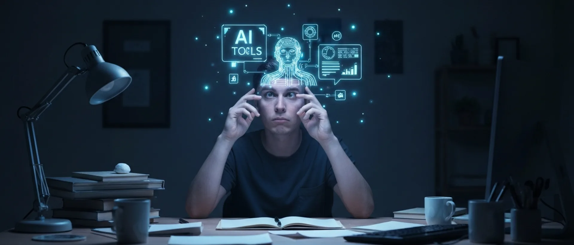 Pessoa observando ceticamente projeção holográfica de ferramentas de IA flutuando sobre uma mesa desorganizada
